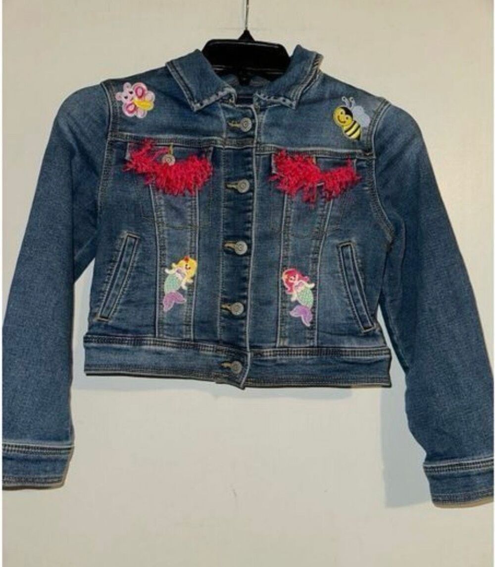 Cat & Jack Girls Denim Jacket  Pink Fringe and Embroidered Patches Size M (8) Cu